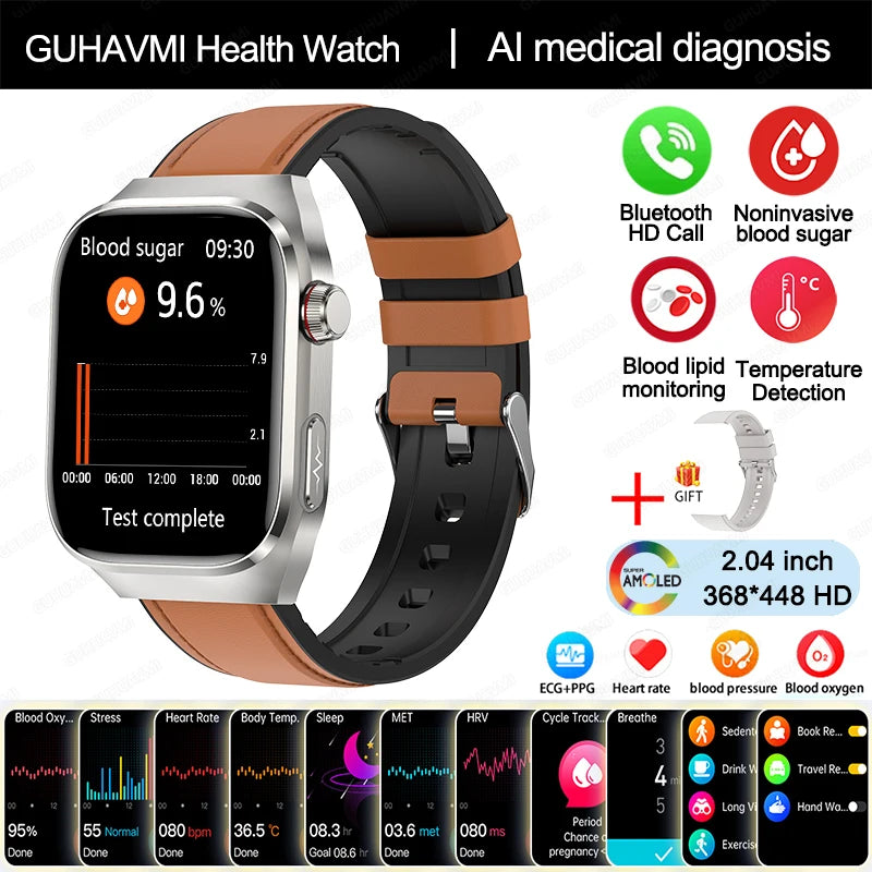 Novo Smartwatch para Homens com Monitoramento de Ácido Úrico, Gordura no Sangue, Glicose no Sangue, ECG+PPG, Pressão Arterial, Chamadas Bluetooth e Funções Esportivas - Compatível com Xiaomi