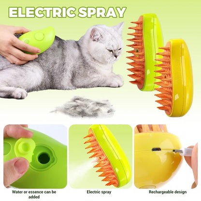 Escova a Vapor para Gatos e Cães 3 em 1 - Escova Elétrica com Pulverizador para Massagem e Cuidados com a Pelagem