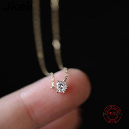 Colar Jkeli de Prata 925 com Revestimento em Ouro 18k - Corrente de Clavícula com Zircônia Brilhante para Mulheres, Joias de Casamento
