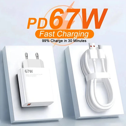 Carregador Rápido USB 67W para Xiaomi 14, 13, 12, 11, 10 Ultra, Redmi Note 12T, 13 Pro Turbo – Cabo de Carregamento Tipo C