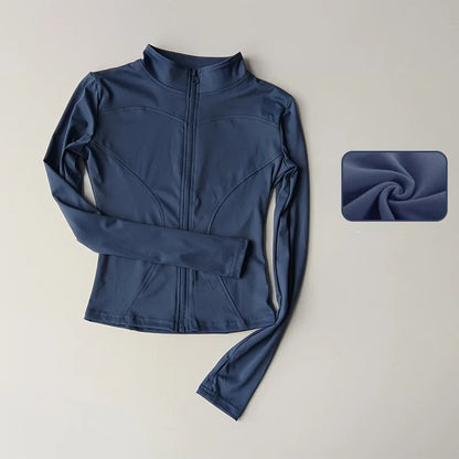 Jaqueta de Manga Longa Feminina para Esportes ao Ar Livre – Camisa Slim de Yoga com Zíper, Gola Alta, Secagem Rápida, Jaqueta de Corrida e Fitness