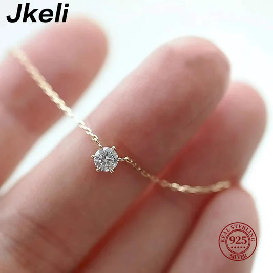 Colar Jkeli de Prata 925 com Revestimento em Ouro 18k - Corrente de Clavícula com Zircônia Brilhante para Mulheres, Joias de Casamento