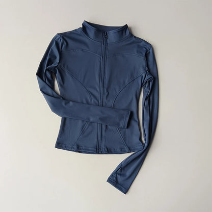 Jaqueta de Manga Longa Feminina para Esportes ao Ar Livre – Camisa Slim de Yoga com Zíper, Gola Alta, Secagem Rápida, Jaqueta de Corrida e Fitness