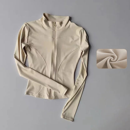 Jaqueta de Manga Longa Feminina para Esportes ao Ar Livre – Camisa Slim de Yoga com Zíper, Gola Alta, Secagem Rápida, Jaqueta de Corrida e Fitness
