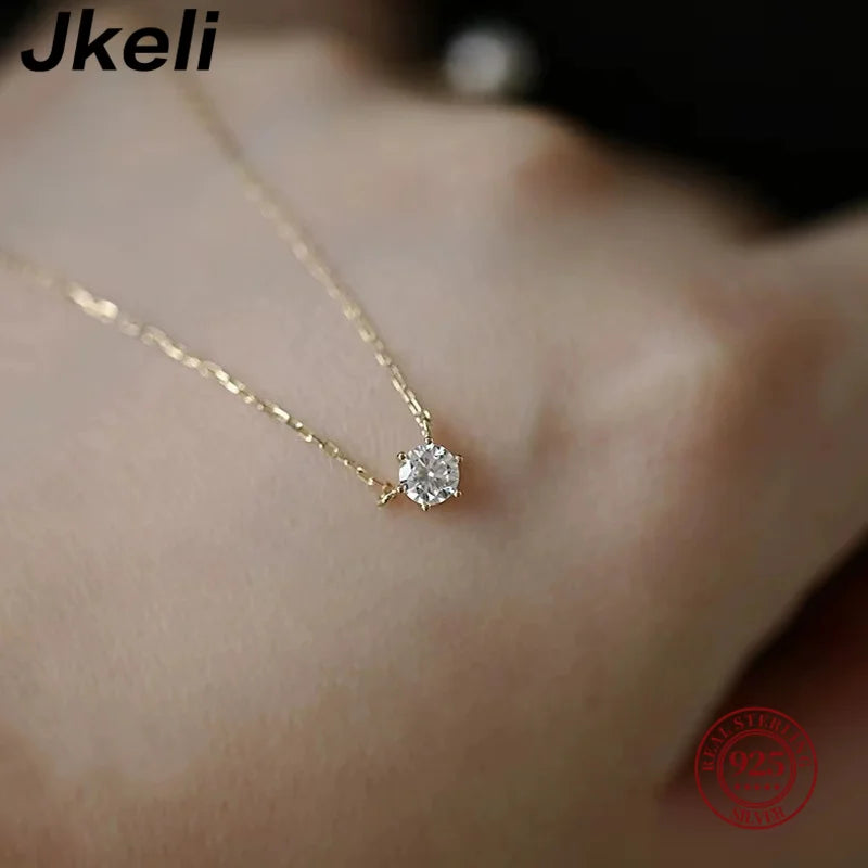 Colar Jkeli de Prata 925 com Revestimento em Ouro 18k - Corrente de Clavícula com Zircônia Brilhante para Mulheres, Joias de Casamento