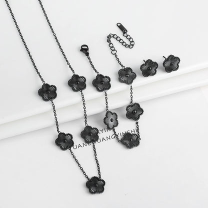 Conjunto de Joias Femininas 18k Banho de Ouro - Colar, Brincos e Pulseira com Flor de Cinco Pétalas para Festa e Uso Diário