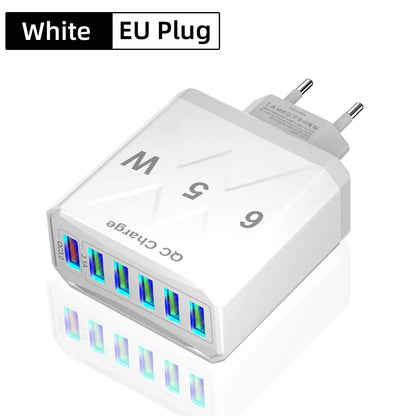 Carregador Rápido USB de 65W com 6 Portas - Adaptador de Viagem QC3.0 para iPhone 14, Samsung, Xiaomi - Plugue EU, KR, US, UK