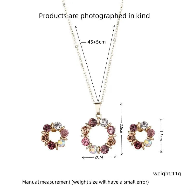 Conjunto de Colar e Brincos Ouro 3 Peças – Estilo Simples e Fashion para Mulheres, Joias Elegantes com Forma Circular de Diamante e Vidro Manchado