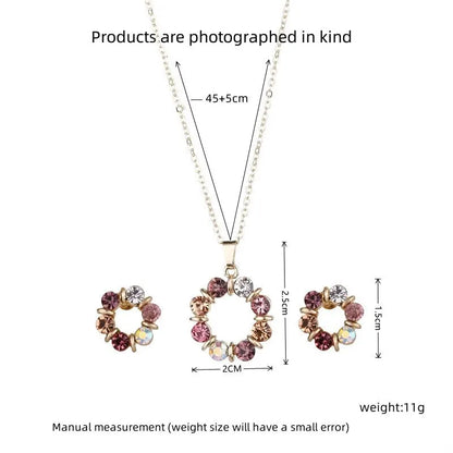 Conjunto de Colar e Brincos Ouro 3 Peças – Estilo Simples e Fashion para Mulheres, Joias Elegantes com Forma Circular de Diamante e Vidro Manchado