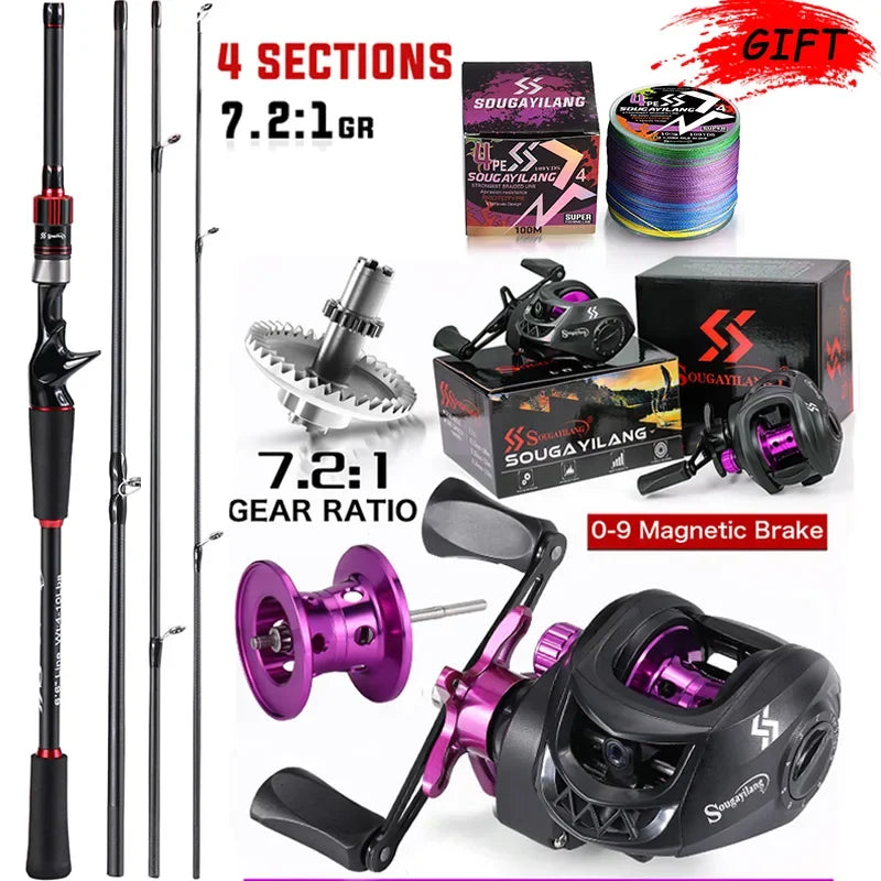 Conjunto de Vara e Carretilha de Pesca Sougayilang 1,8~2,1m Vara de Carbono para Arremesso e Carretilha de Baitcasting com Relação de Engrenagem 7,2:1 e Capacidade de Arraste Máximo de 10kg para Bass