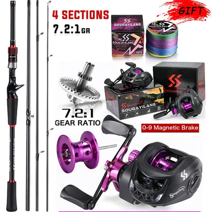 Conjunto de Vara e Carretilha de Pesca Sougayilang 1,8~2,1m Vara de Carbono para Arremesso e Carretilha de Baitcasting com Relação de Engrenagem 7,2:1 e Capacidade de Arraste Máximo de 10kg para Bass