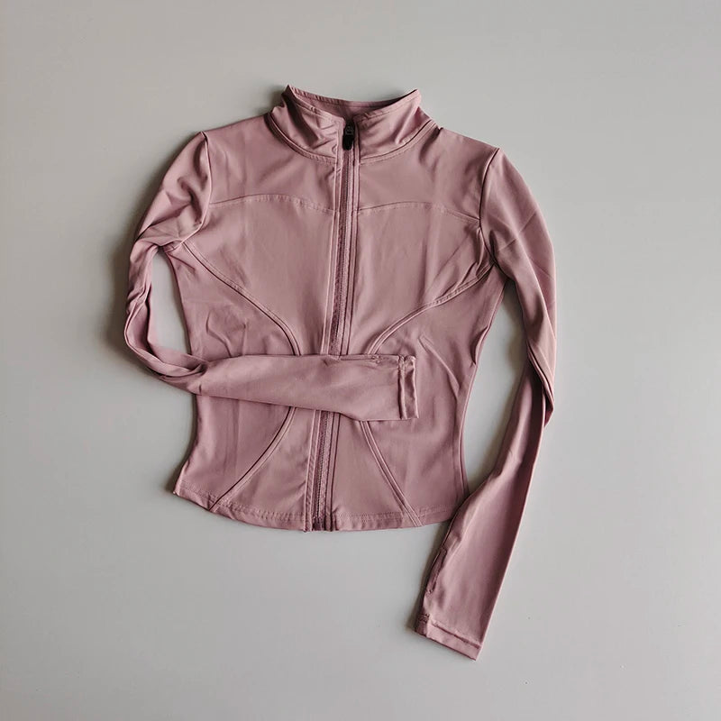 Jaqueta de Manga Longa Feminina para Esportes ao Ar Livre – Camisa Slim de Yoga com Zíper, Gola Alta, Secagem Rápida, Jaqueta de Corrida e Fitness