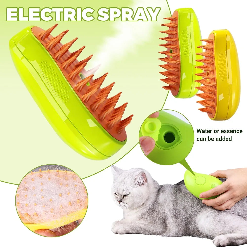Escova a Vapor para Gatos e Cães 3 em 1 - Escova Elétrica com Pulverizador para Massagem e Cuidados com a Pelagem