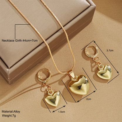 Conjunto de Joias para Mulheres - Brinco e Colar com Coração Dangle, Banho de Ouro Fosco, Simples e Elegante, para Uso Diário