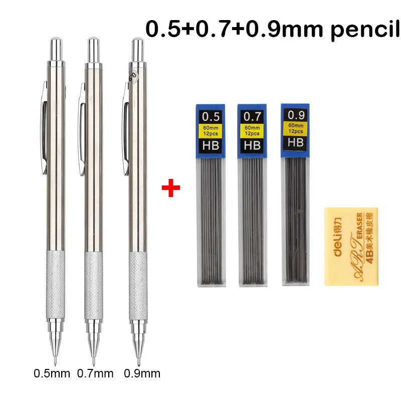 Conjunto de Lápis Mecânico 0.3, 0.5, 0.7, 0.9, 1.3, 2.0mm - Lápis Automático de Metal Completo para Desenho e Pintura com Refis para Escritório e Escola
