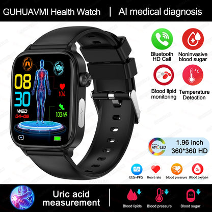 Novo Smartwatch para Homens com Diagnóstico Médico AI - Monitoramento de Lipídios no Sangue, Ácido Úrico, Glicose no Sangue, ECG+PPG, Chamadas Bluetooth, e Funções de Saúde