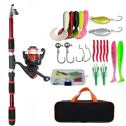 Conjunto Completo de Vara de Pesca com Vara Telescópica e Carretel de Spinning, Iscas, Ganchos, Conjunto de Vara de Pesca para Viagem