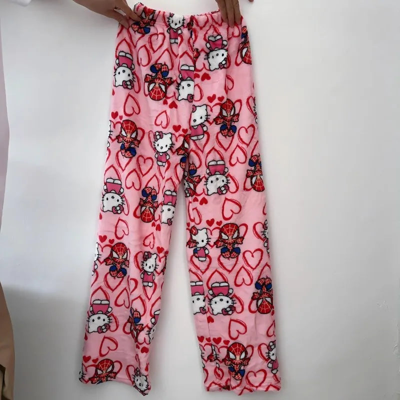 Calças de Pijama Hello Kitty Spider-Man - Algodão, Soltas, Femininas e Masculinas