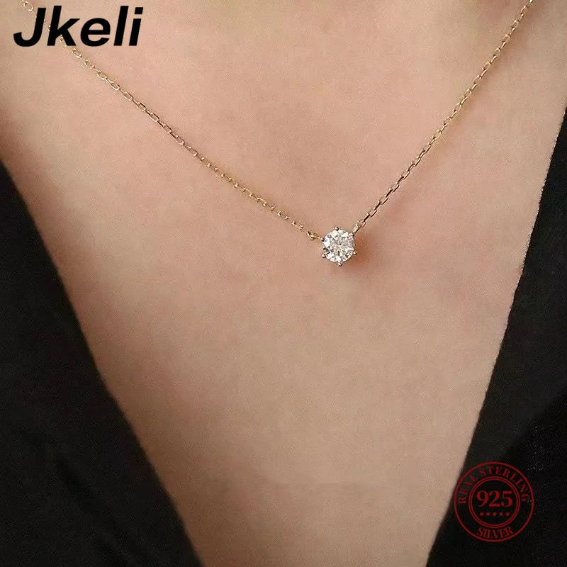 Colar Jkeli de Prata 925 com Revestimento em Ouro 18k - Corrente de Clavícula com Zircônia Brilhante para Mulheres, Joias de Casamento