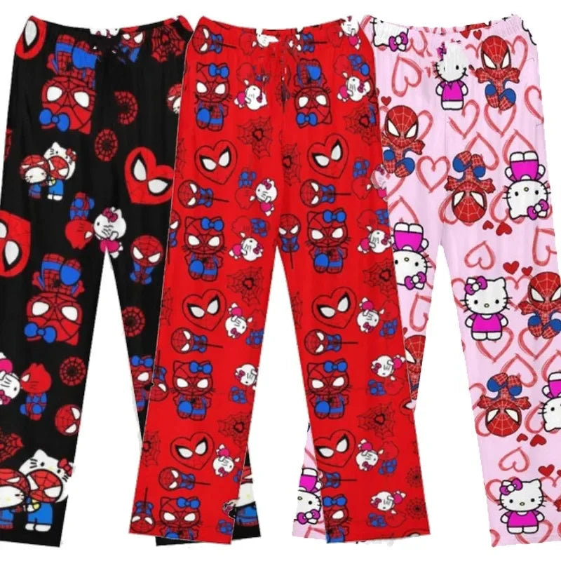 Calças de Pijama Hello Kitty Spider-Man - Algodão, Soltas, Femininas e Masculinas