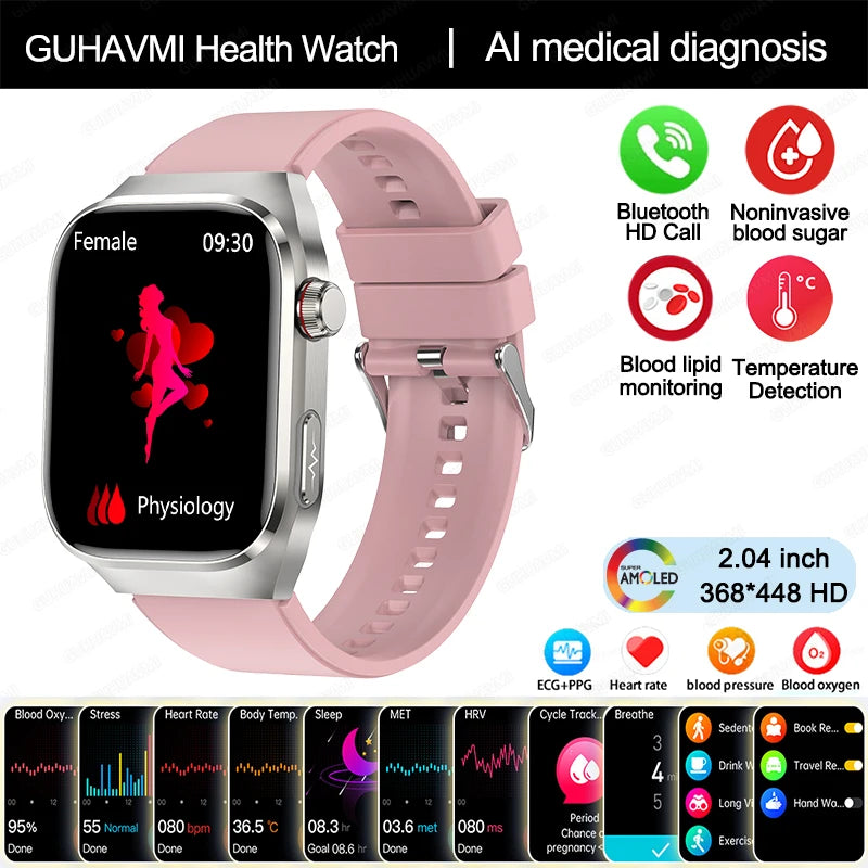 Novo Smartwatch para Homens com Monitoramento de Ácido Úrico, Gordura no Sangue, Glicose no Sangue, ECG+PPG, Pressão Arterial, Chamadas Bluetooth e Funções Esportivas - Compatível com Xiaomi